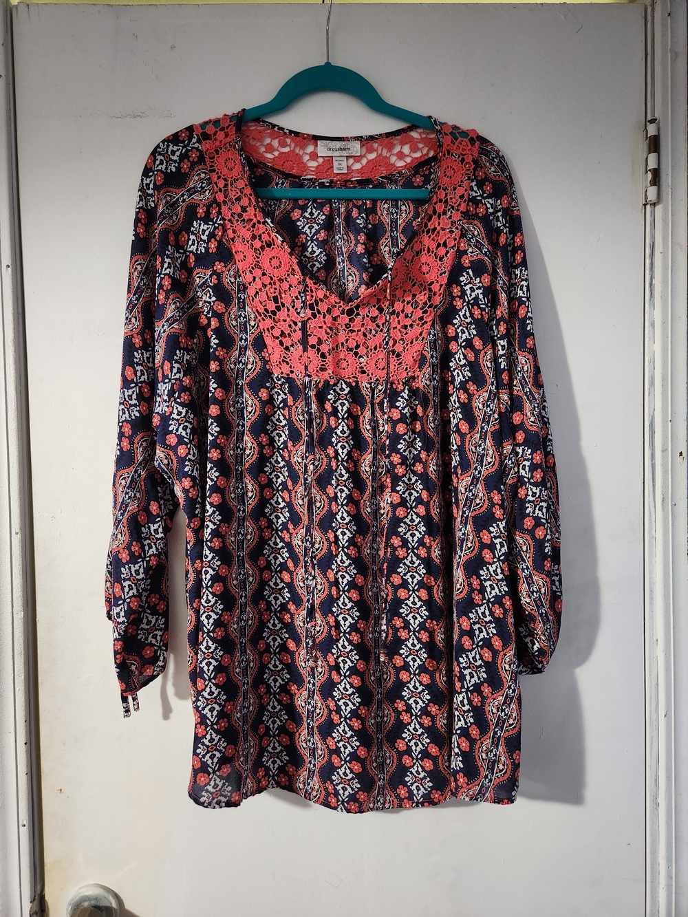 Dress Barn Crochet Yoke Navy and Coral Printed Women's Top